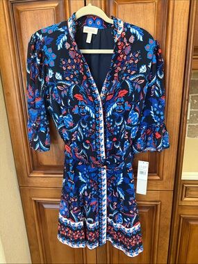 Adrianna Papell Navy Floral Mini Dress with Blue and Red Accents